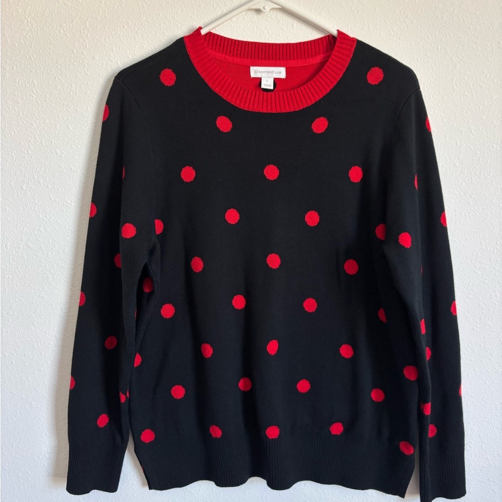 Charter Club Black and Red Polka Dot Crewneck Sweater